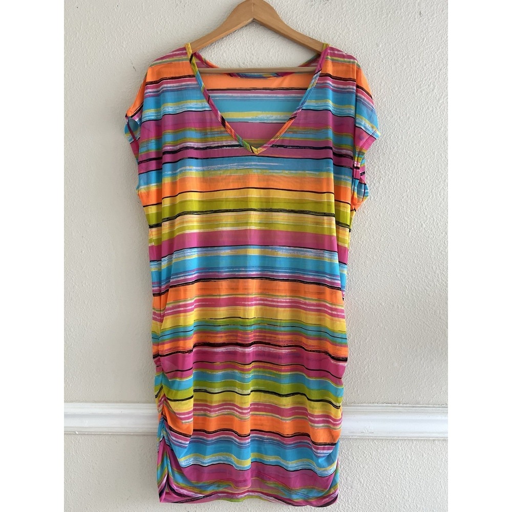 Anne Cole Multicolor Striped Mesh Tunic Swim Cover-Up Dress L/XL Beach Vacation